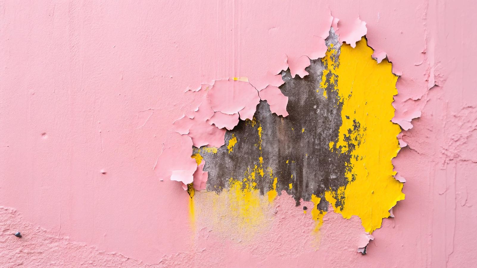 peeling pink and yellow paint on the wall