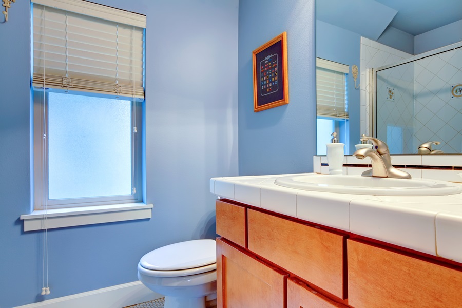 bathroom with cabinets and window
