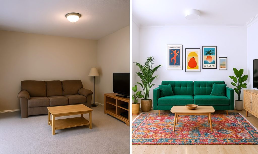 before and after living room renovation with beige furniture replaced by modern interior