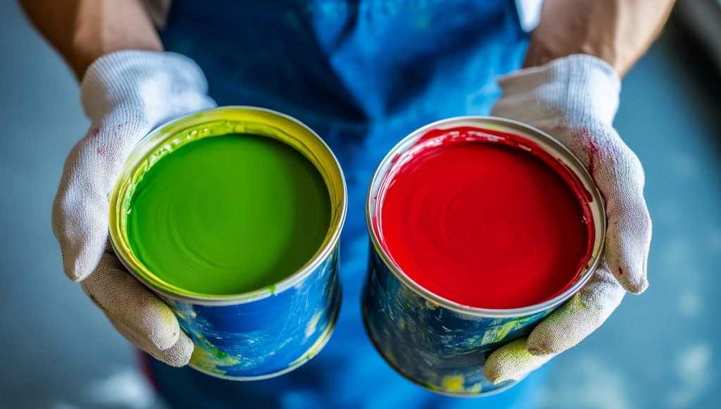 individual engaged in home painting project with colorful paint cans in their office setting