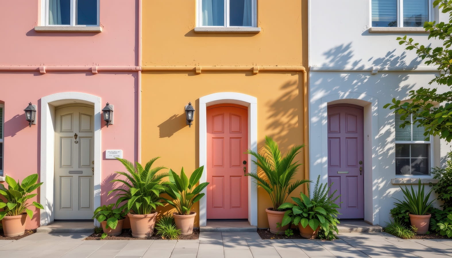 row of colorful houses with potted plants in front of the doors on a sunny day
